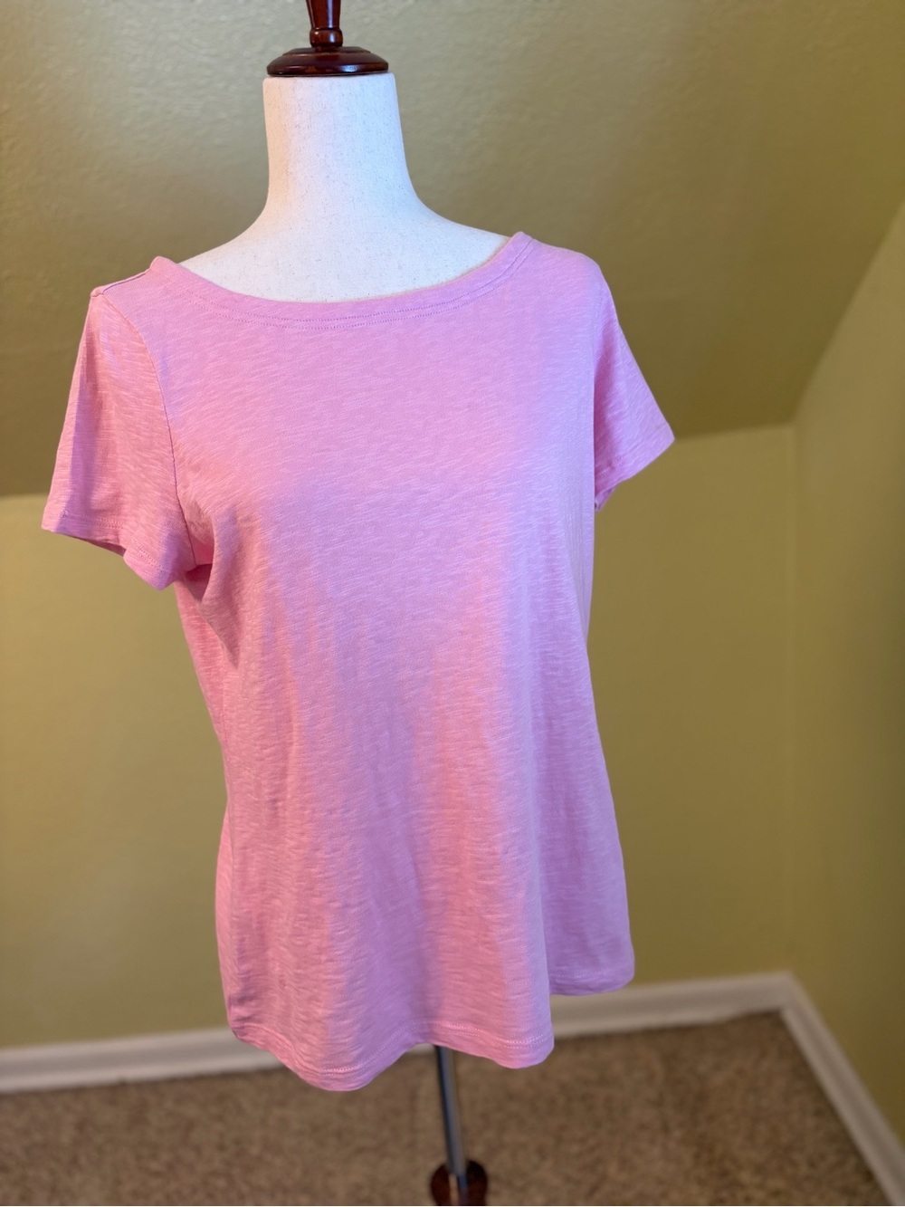Talbots Petites Pink Slub Knit Bateau / Boatneck Tee Back Zip Top Size MP